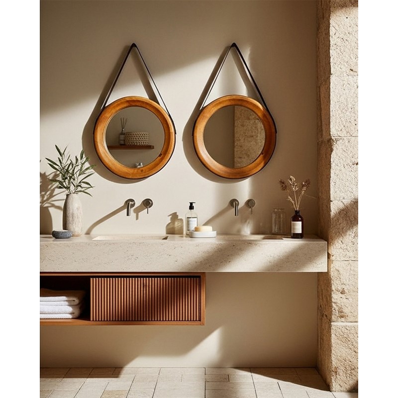 Brio - miroir rond pour salle de bain en bois et lanière en cuir