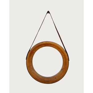 Brio - miroir rond pour salle de bain en bois et lanière en cuir