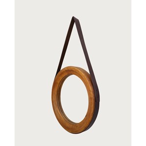 Brio - miroir rond pour salle de bain en bois et lanière en cuir