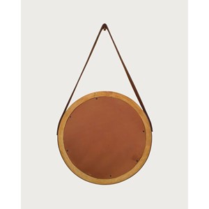 Brio - miroir rond pour salle de bain en bois et lanière en cuir