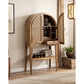 Wine cabinet - meuble bar en bois massif de manguier avec cannage naturel
