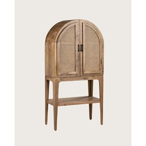 Wine cabinet - meuble bar en bois massif de manguier avec cannage naturel