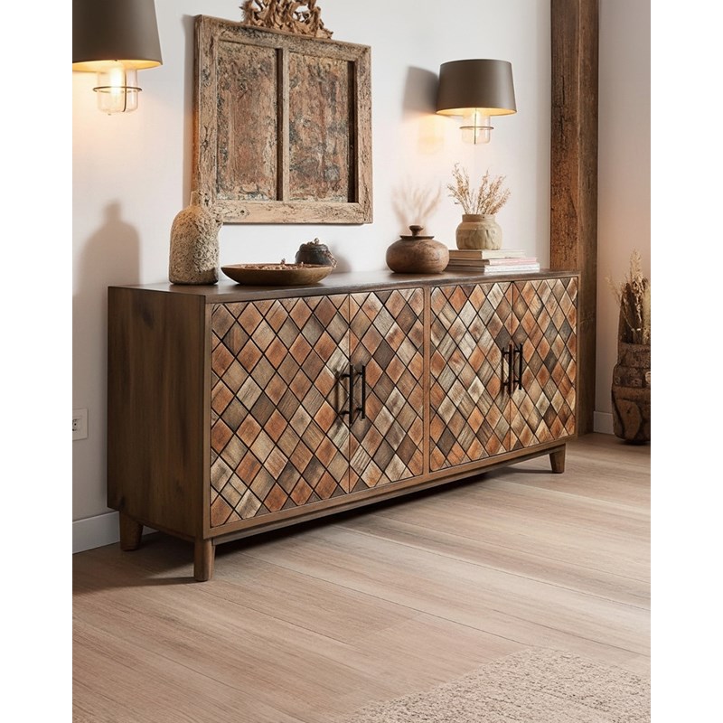 Argylle - buffet bas en bois massif avec motif métal