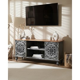 Lotus - meuble tv cérusé en bois massif de manguier 150 cm