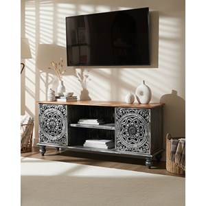 Lotus - meuble tv cérusé en bois massif de manguier 150 cm