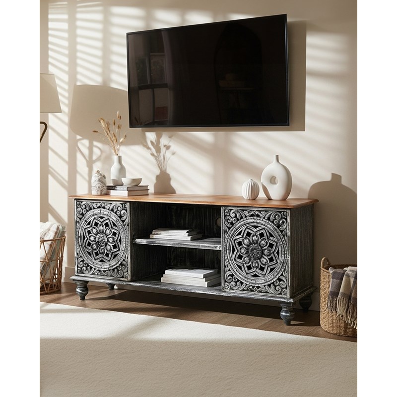 Lotus - meuble tv cérusé en bois massif de manguier 150 cm