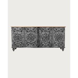 Lotus - grand buffet noir cérusé en manguier massif sculpté 180 cm