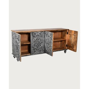 Lotus - grand buffet noir cérusé en manguier massif sculpté 180 cm