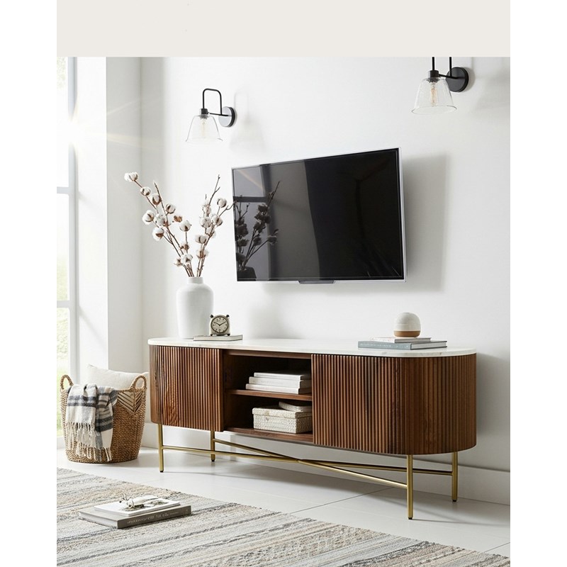 Uniqka - Céline - meuble tv en bois avec plateau marbre 150 cm