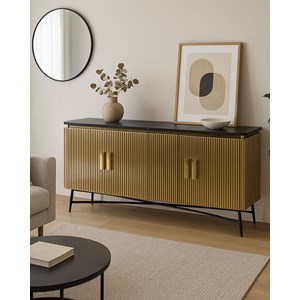 Glory - grand buffet finition laiton vieilli avec plateau en marbre noir 160 cm