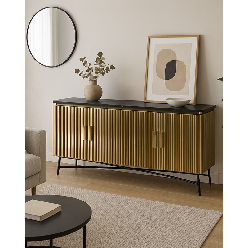 Glory - grand buffet finition laiton vieilli avec plateau en marbre noir 160 cm