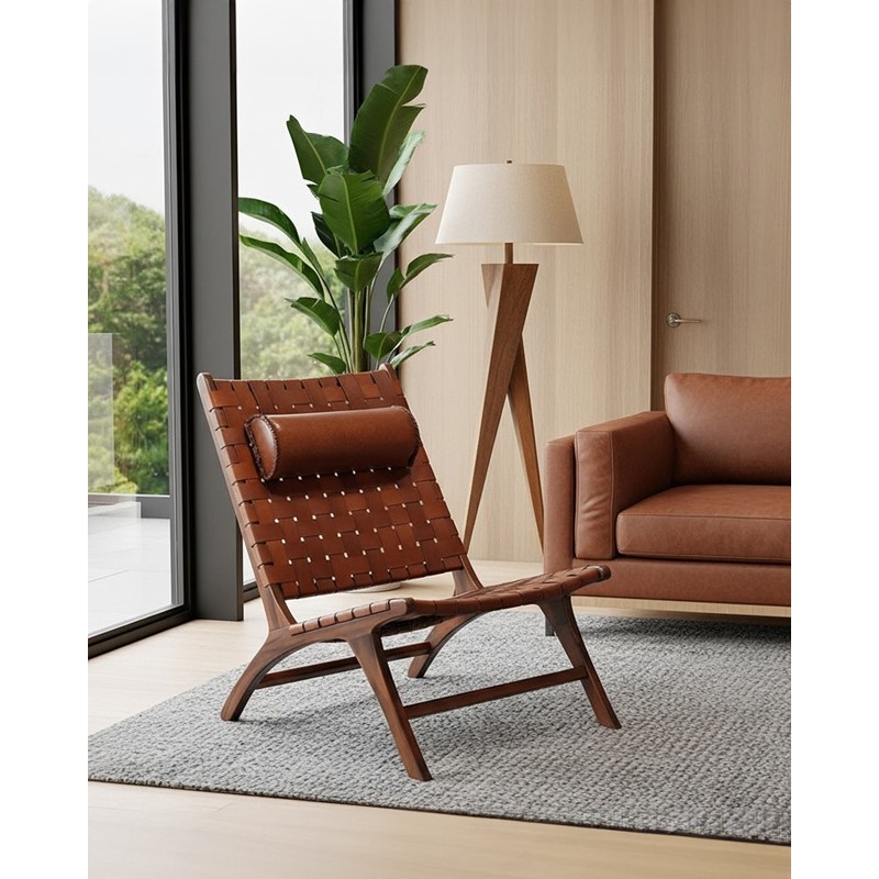 California - fauteuil lounge dossier haut en teck et cuir marron