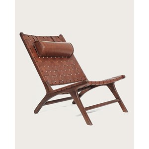 California - fauteuil lounge dossier haut en teck et cuir marron