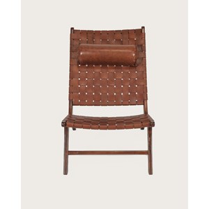 California - fauteuil lounge dossier haut en teck et cuir marron