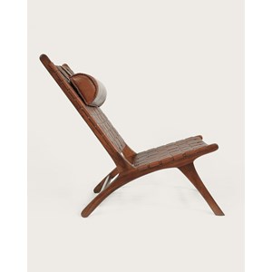 California - fauteuil lounge dossier haut en teck et cuir marron