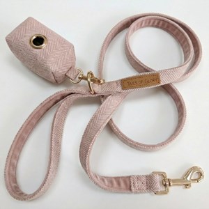 Set pour chien en tweed rose: collier réglable, laisse, porte-sacs taille s