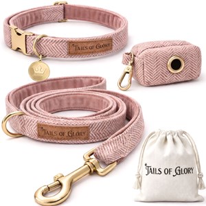 Set pour chien en tweed rose: collier réglable, laisse, porte-sacs taille l