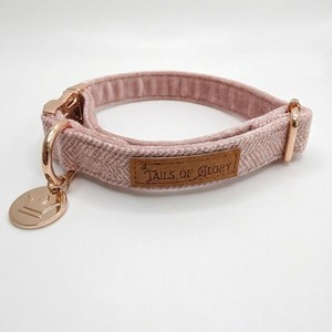 Set pour chien en tweed rose: collier réglable, laisse, porte-sacs taille l