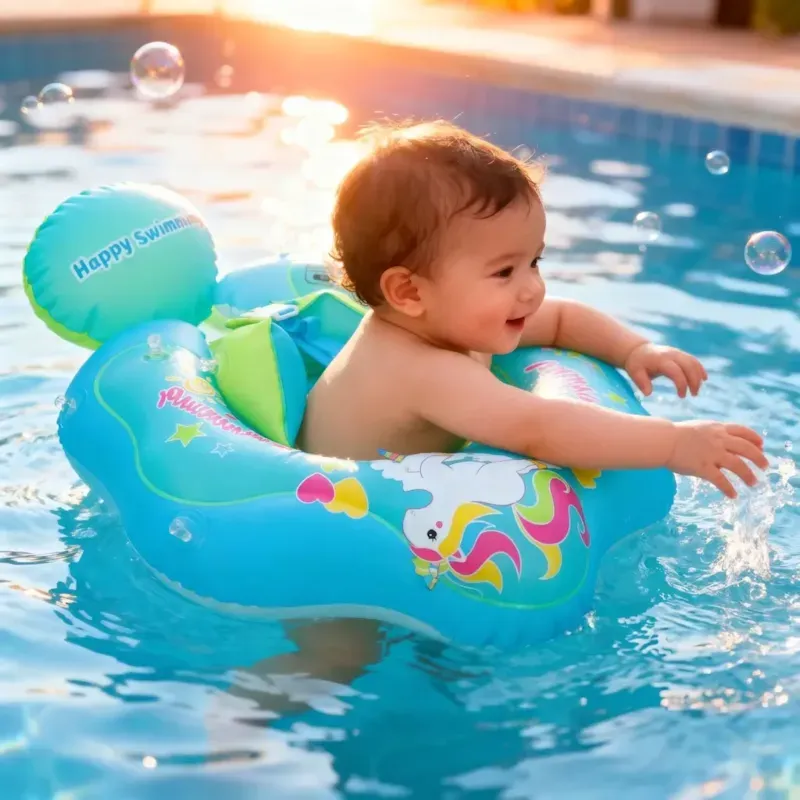 Bouée bébé anti-uv avec pare-soleil amovible modèle licorne s bleu vert (Babykare) - Couverture