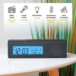 Radio reveil fm torche led temperature date jour snooze soft touch