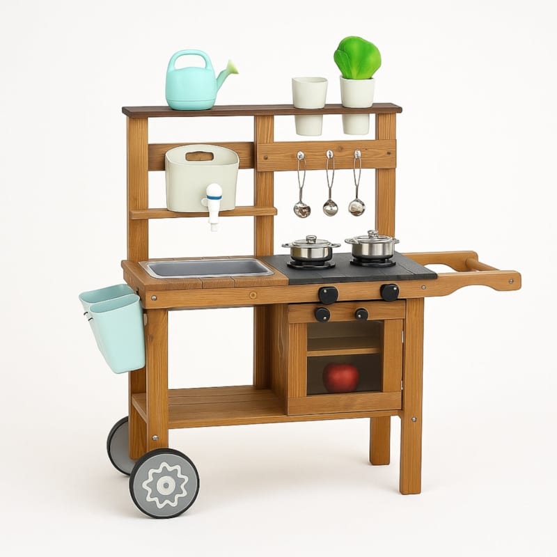 Cuisine d'extérieur enfant en bois avec évier - jeu montessori nature (Jouetapprends) - Couverture