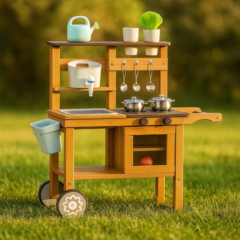 Cuisine d'extérieur enfant en bois avec évier - jeu montessori nature (Jouetapprends) - Image 1