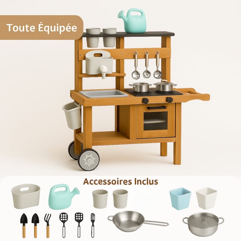 Cuisine d'extérieur enfant en bois avec évier - jeu montessori nature (Jouetapprends) - Image 2