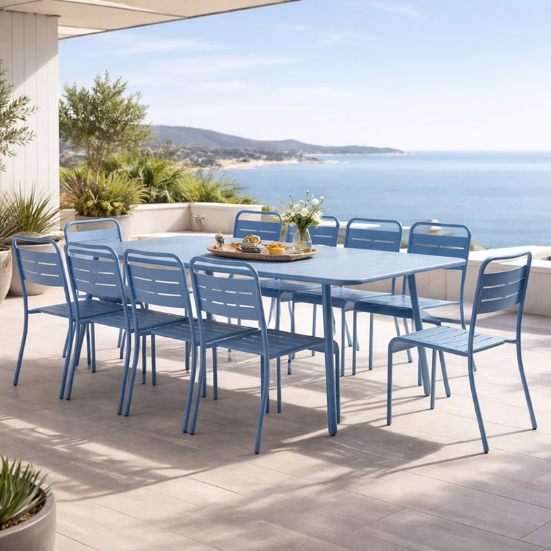 Bergame ensemble table de jardin 234 cm et 10 chaises bleu