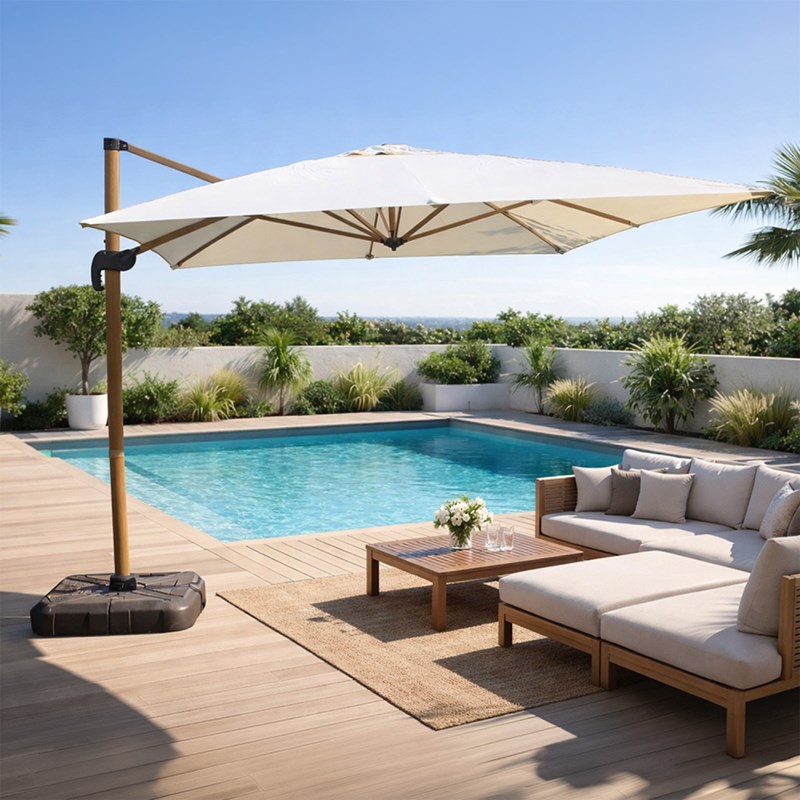 Cesare parasol rectangulaire 3x4m déporté rotatif écru pied effet bois en alumin