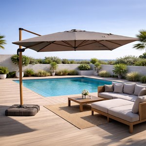 Cesare parasol rectangulaire 3x4m déporté rotatif gris pied effet bois en alumin