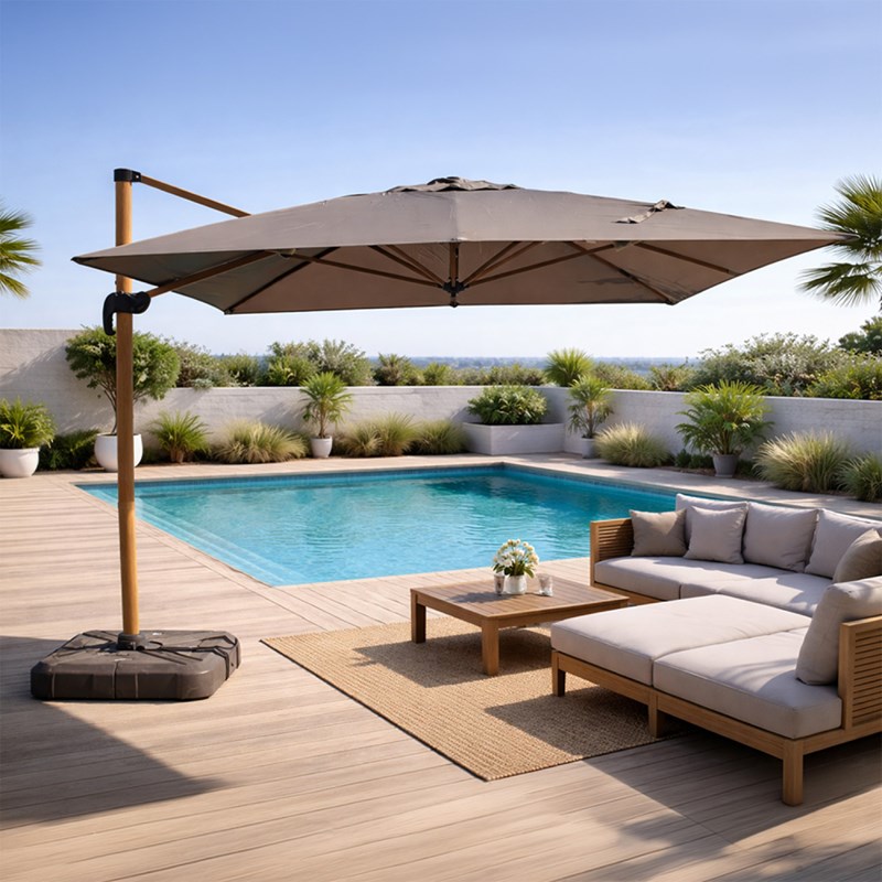 Cesare parasol rectangulaire 3x4m déporté rotatif gris pied effet bois en alumin