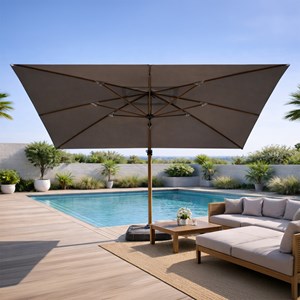 Cesare parasol rectangulaire 3x4m déporté rotatif gris pied effet bois en alumin