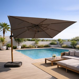 Cesare parasol rectangulaire 3x4m déporté rotatif gris pied effet bois en alumin