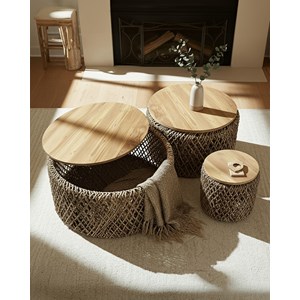 Yuda - lot de trois tables en bois de teck massif et tissage banane avec