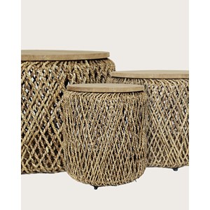 Yuda - lot de trois tables en bois de teck massif et tissage banane avec