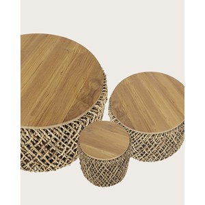 Yuda - lot de trois tables en bois de teck massif et tissage banane avec