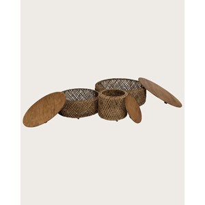 Yuda - lot de trois tables en bois de teck massif et tissage banane avec