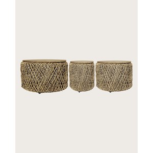 Yuda - lot de trois tables en bois de teck massif et tissage banane avec