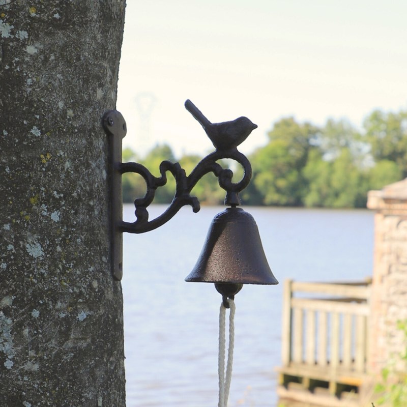 Cloche de jardin de porte ancienne oiseau fonte marron 14x17cm
