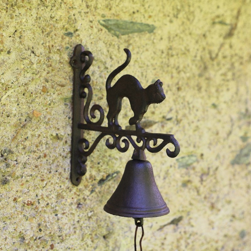 Chemin De Campagne - Cloche de jardin de porte ancienne chat fonte marron 18.5 x 23cm