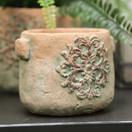 Cache-pot rond en ciment vieilli effet poterieø.15,5 x ht.13 cm