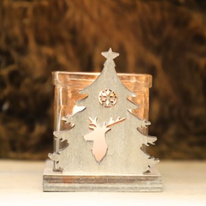 Photophore en bois motif «cerf» 8.5 x 8.5 x 10 cm