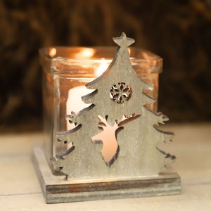 Photophore en bois motif «cerf» 8.5 x 8.5 x 10 cm