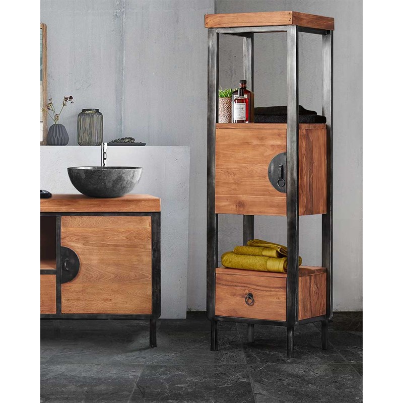 Samuraï - colonne de salle de bain industrielle en teck et métal