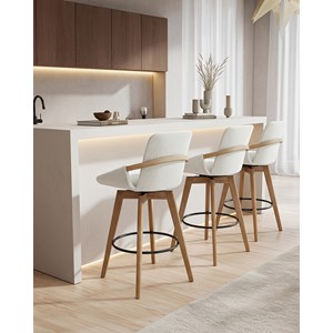 Saly - chaise de bar en tissu bouclette et pieds en bois