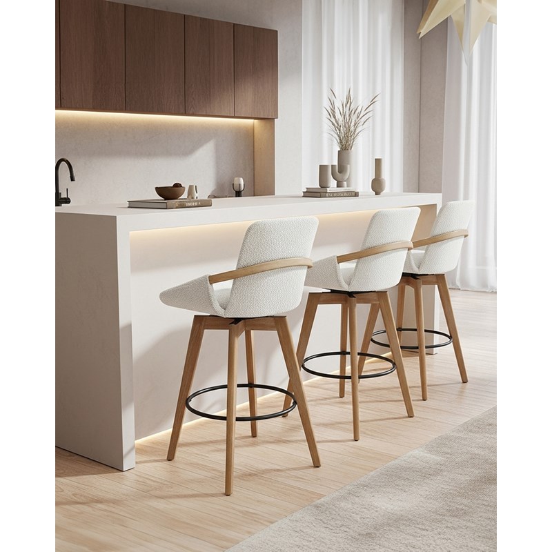 Saly - chaise de bar en tissu bouclette et pieds en bois
