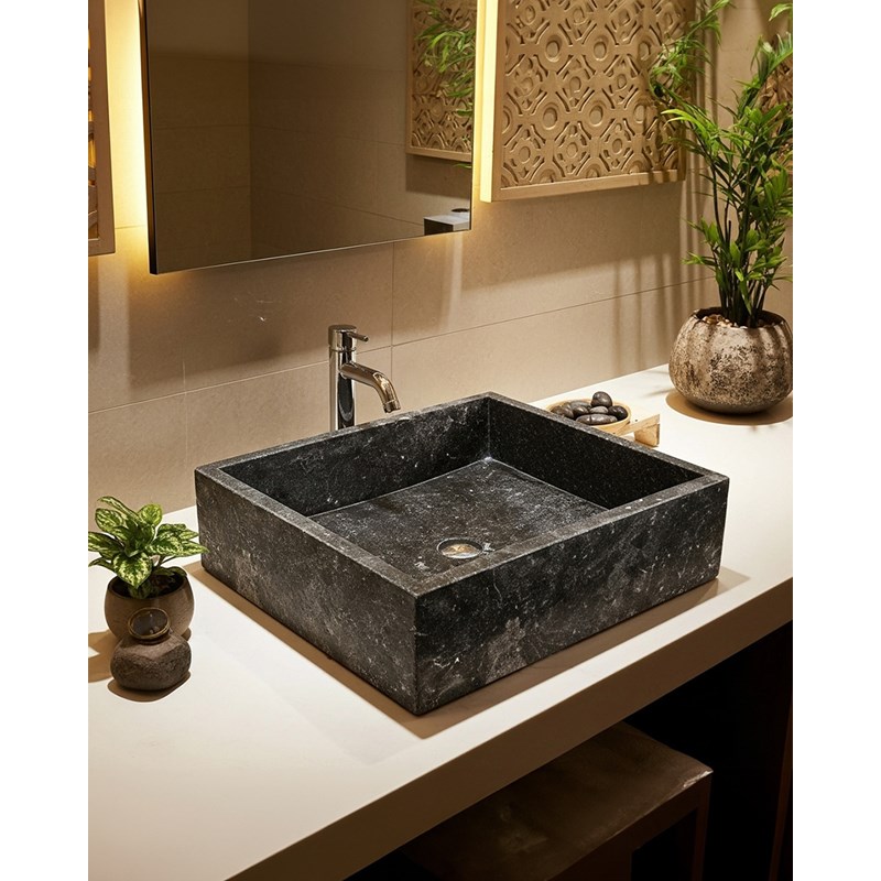 Malka - vasque à poser rectangle marbre terrazzo premium noire