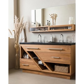 Diva - meuble salle de bain en teck et marbre terrazzo noir 145 cm