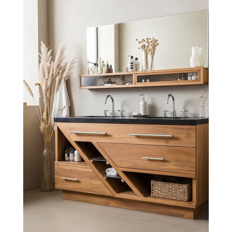 Diva - meuble salle de bain en teck et marbre terrazzo noir 145 cm