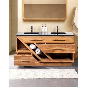 Diva - meuble salle de bain en teck et marbre terrazzo noir 145 cm